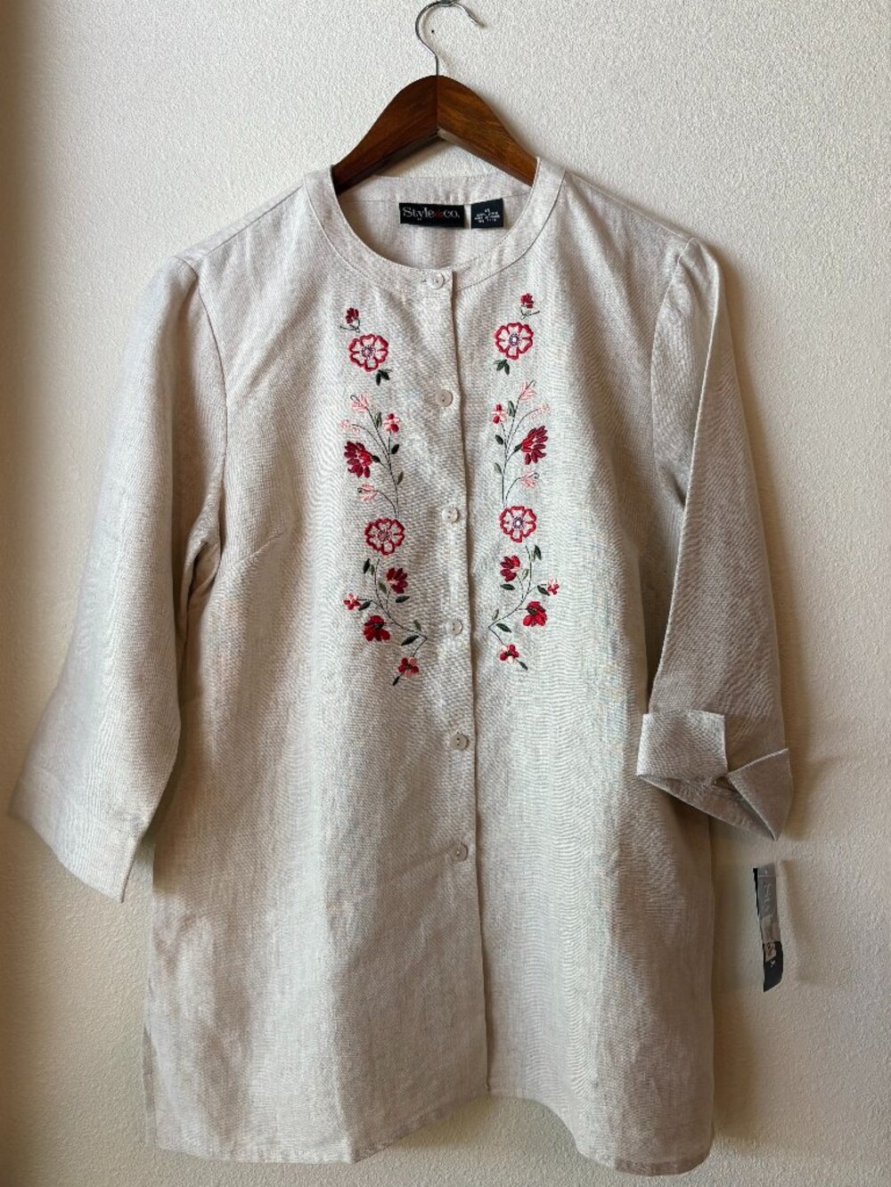 NWT Style & Co 100% Linen Button Down Tunic Red Pink Floral Embroidery 12 Boho